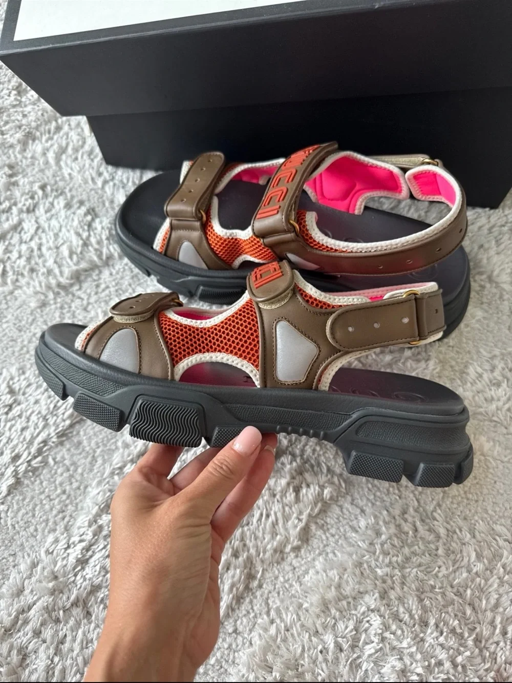 Gucci Brown, Orange & Black Leather Mesh Sport Sandals